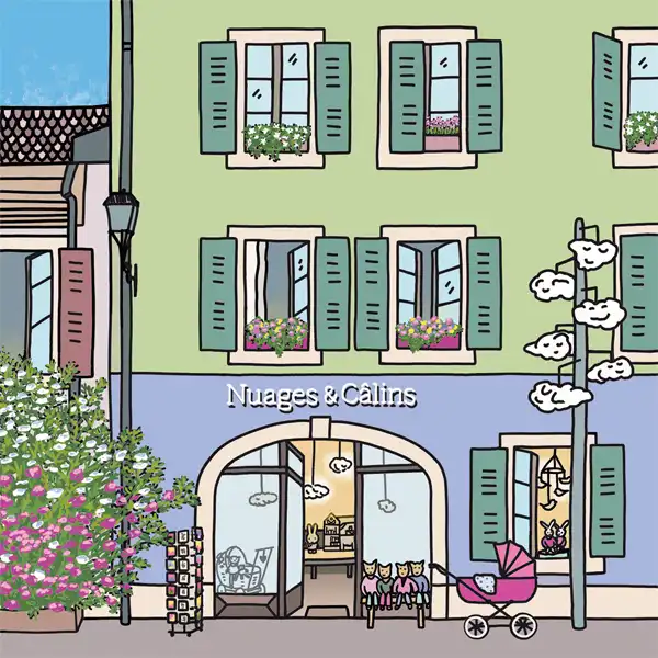 Façades de maisons colorées dans le Vieux Carouge, des arbres au fond et un ciel rose magenta, illustration en couleurs, par Christiane Zimmermann, alias Mamzelle Zimmie.