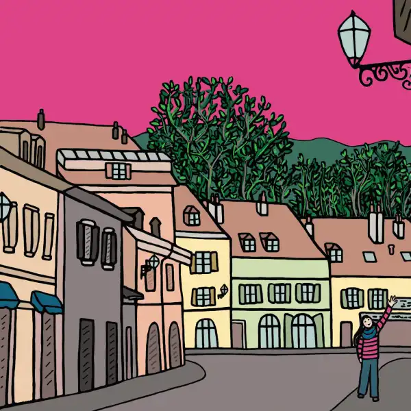 Façades de maisons colorées dans le Vieux Carouge, des arbres au fond et un ciel rose magenta, illustration en couleurs, par Christiane Zimmermann, alias Mamzelle Zimmie.