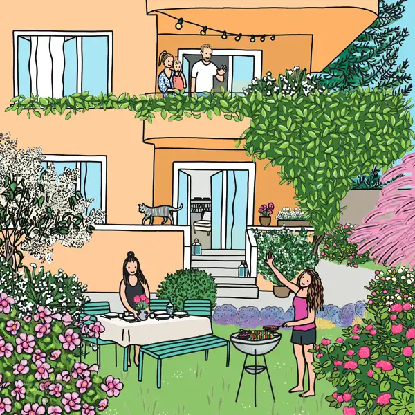 Façades de maisons colorées dans le Vieux Carouge, des arbres au fond et un ciel rose magenta, illustration en couleurs, par Christiane Zimmermann, alias Mamzelle Zimmie.